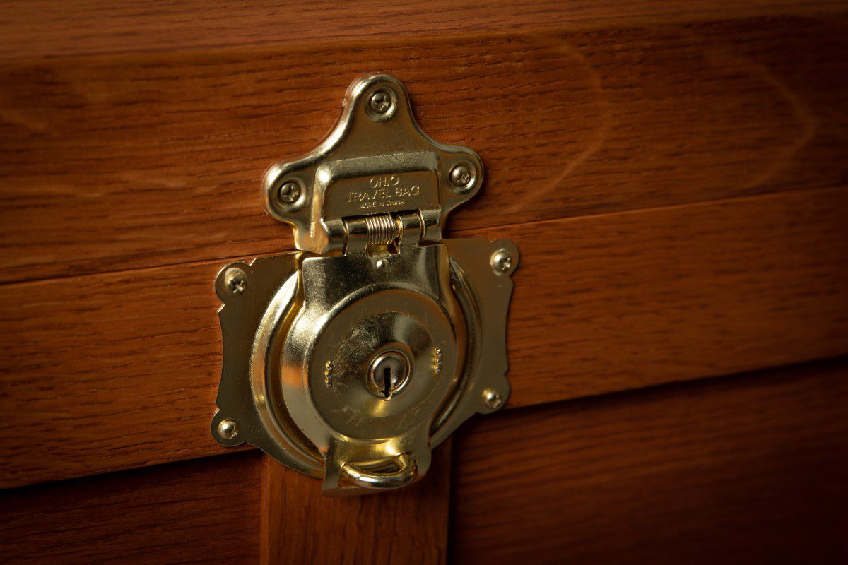 A close up of the door handle on a wooden door.