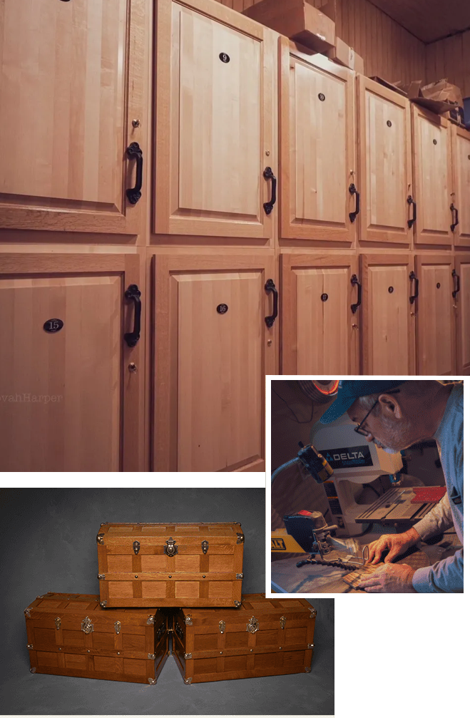 A collage of photos with cabinets and drawers.